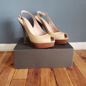 Tan Patent Leather Platform Peep-Toe Sling Backs